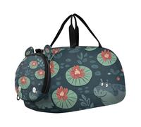 Cartoon Hippopotamus Waterlilies Navy Kids Cute Gym Bag with Shoes Compartment Lightweight Weekender Overnight Bags for Beach Swim Bags Pool Sports
