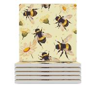 Cartoon Honey Bee Sunflower Ceramic Coasters Square Drinks Coaster Decorative Coasters Set Kitchen Desktop Decor 6PCS