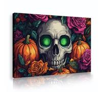 Cartoon Horror Style Print on Canvas Wall Art Gothic Mysterious Skull Colorful Rose Pumpkin Poster Painting Picture for Study Decor 60x90cm Innerframe