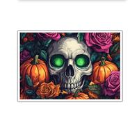 Cartoon Horror Style Print on Canvas Wall Art Gothic Mysterious Skull Colorful Rose Pumpkin Poster Painting Picture for Study Decor 40x60cm Frameless