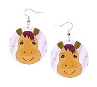 Cartoon Horse Head Prints Leather Round Earrings Pendant Stylish And Light Lightweight Dangle For Women Girls, One Size, Leather, No Gemstone