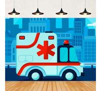 Cartoon Hospital Photography Backdrop Cartoon Ambulance Medical Kit Nurse Graduation Background Doctor Nurse Party Decor Banner 250x180CM