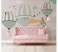 Cartoon Hot Air Balloon Aeroplane White Clouds Flying Birds 3D Wallpaper Premium Textured Silk Study Dining Living Room Bedroom Sofa TV Wall Easy Install-150cm×105cm