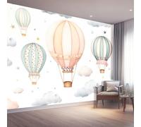 Cartoon Hot Air Balloon Clouds Stars Photo Mural Wallpaper Pink White Photo Wallpaper 3D Effect, 250 x 175 cm Non-Woven Wall Mural Home Bedroom Living Room Tv Background Poster Decoration