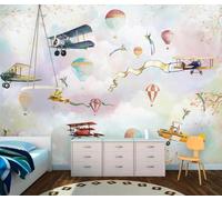 Cartoon Hot Air Balloon Flying Birds Aeroplane Tree Branches 3D Wallpaper Luxury Silk Study Dining Feature Sofa Grey Bedroom Living Room Tv Decorative Wall-200cm×140cm