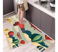 Cartoon Hot Air Balloon Kitchen Rug Sets, 2 Pieces Non Slip Kitchen Mat Sets,Washable Cute Illustrations Floor Mat for Hallway, Bedroom, Sink (Light Green, 50x80cm+50x150cm)