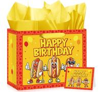 Cartoon Hot Dog Birthday Gift Bag Funny Hot Dog Themed Birthday Wrapping Paper Bag with Tissue Paper Card for Kids Adults Picnic BBQ Sausage Food Snacks Hotdog Bday Baby Shower Party Supplies