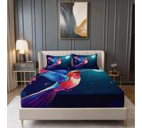 Cartoon Hummingbird Moon Printed Fitted Sheets for Small Double Bed,Microfiber Fitted Bedsheets - Dark Blue Soft Breathable Fade Resistant Bedding with Extra Deep Pocket