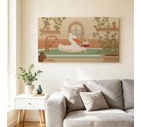 Cartoon Humorous Duck Framed Canvas Wall Art, Wall Pictures White Duck Bubble Bath Red Wine Glass Canvas Print Artwork for Living Room, Guest Room Decor - 90x60 cm