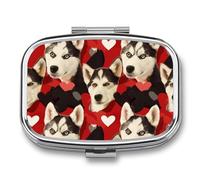 Cartoon Husky Heart Pill Case Box with 2 Compartment Medicine Vitamin Organizer for Purse Pocket 5.5x4cm