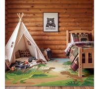 Cartoon Illustration Soft Short Pile Carpet 60 x 110 cm with Non-Slip Backing, Tropical Tyrannosaurus Palm Leaves Machine Washable Rug for Bedroom Dining Room Home Office Kitchen, Green Dark Brown