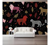 Cartoon Illustration Style Wallpaper Murals, 400x280cm for Home Decor | Graffiti Heart Leaf Animal Lion Non-Woven Wallpaper, Black for Living Room Bedroom Kids Room Backdrop