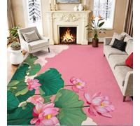 Cartoon Illustration Washable Stain Resistant Runner Rug 160 x 230 cm, Plants Lotus Green Leaves Soft Low Pile Non Slip Carpet, for Bedroom Dining Room OfficeGreen Pink