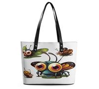 Cartoon Insect Tote Bag Large Soft Leather Purse with Zipper Lightweight Ladies Shoulder Handbag