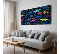 Cartoon Jungle Animals Dinosaur Framed Canvas Painting Wall Art 90L x 60W cm, Dark Blue High Definition Gallery Wrapped Pictures for Living Room Dining Room Bedroom, Modern Home Wall Decor