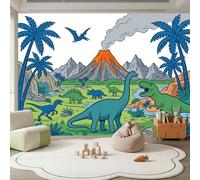 Cartoon Jungle Wallpaper Wall Mural Dinosaurs Volcano Palm Trees Mountains 200 x 140 cm, Custom Size Photo Wallpaper Non-Woven Wall Mural Poster for Living Room Bedroom Corridor Wall Decor Murals