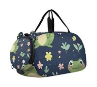 Cartoon Kawaii-Style Frog Navy Blue Kids Cute Gym Bag with Shoes Compartment Lightweight Personal Item Travel Bag for Travel, Swimming, Dance, Ballet