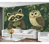 Cartoon Kids Wallpaper for Living Room - Peel and Stick Wallpaper, Owl & Raccoon Bedroom Wall Paper, Large Wall Mural & Jungle Green Home Decor, Self Adhesive