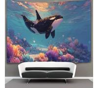 Cartoon Killer Whale Jumping Out of The Water Tapestry,marine Life Art Wall Hanging Decoration for Living Room Bedroom & Dorm 70cmx100cm