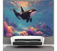 Cartoon Killer Whale Jumping Out of The Water Tapestry Wall Hanging Marine Life Wall Art for Living Room Bedroom Dorm 130cmx150cm