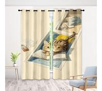 Cartoon Kitten Curtains for Bedroom, 3D Book Reading Cat Print Eyelet Blackout Curtain, Kid Cute Animal Drapes Thermal Insulated Curtain for Kitchen Living Room, 2 Panels (33 x 45 Inch)