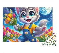 Cartoon Kitten Flowers Moon Jigsaw Puzzle Beasts 1000 Pieces Premium Cardstock Eco-friendly for Adults Decompression Wall Decor Gift 70x50cm/1000pcs