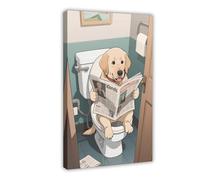Cartoon Labrador Retriever Sitting on The Toilet Reading A Newspaper Canvas Poster Bedroom Decor Landscape Decor Gift 24x36inch(60x90cm)