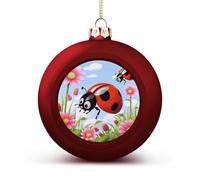 Cartoon Ladybug Flower Christmas Tree Ornaments 1.6 Inch Shatterproof Pc Plastic Balls with Lanyard Baubles Hanging Christmas Ball Ornaments for Xmas Tree Holiday Party Wedding Home Decorations-red