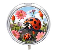 Cartoon Ladybug Flower Pill Box 3 Compartment Small, Personalized Pill Organizer with Mirror, Portable Pill Case for Pocket Or Purse, Round Pill Containe Travel Gifts, Pill Holder