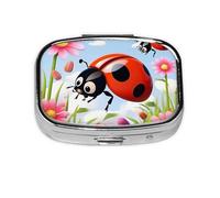 Cartoon Ladybug Flower Print Pill Box Square Pill Case 2 Compartment Small Metal Medicine Organizer Portable Travel Pillbox for Pocket Purse Cute Mini Pill Container to Hold Daily Vitamins