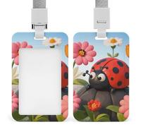 Cartoon Ladybug Flower Retractable ID Badge Holder with Lanyard - Vertical Badge Reel,Keychain Clip,Name Tag Id Card Holder Protector for Nurse Officer Teacher Security Staff Women Men