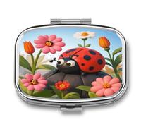 Cartoon Ladybug Flower Square Pill Case Travel Pill Organizer Portable Small Pill Box 2 Compartments Metal Medicine Box Sealed Pill Container Vitamins Medicine Organizer