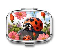 Cartoon Ladybug Flower Travel Pill Organizer - Daily Pill Box to Hold Vitamins, Portable Pill Case Cod Liver Oil Storage Box with 2 Compartment for Pocket Purse