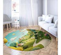 Cartoon Landscape Round Area Rugs 180cm - Washable Low Pile Circle Carpet Balloons Castle Winding Path for Living Room Bedroom Playroom