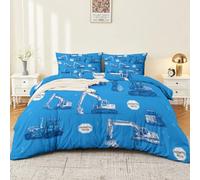 Cartoon Letters Excavator Duvet Cover Set, Soft Blue Microfiber Reversible Quilt Covers, Easy Care Modern Industrial Bedding Set with 2 Pillow Case Single Size 135 x 200 cm