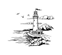 Cartoon Lighthouse Seaside Bird Travel Bathroom Adventure Exploration Wall Decals PVC 54x65.6cm It Won't Fall Off Large Black
