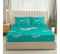 Cartoon Lines Stars Airplane Fitted Sheet Double Size 140 x 190 cm, 30 cm Extra Deep Pocket Bed Sheets Soft Microfiber Breathable Anti-Wrinkle Fitted Sheet White Green