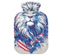 Cartoon Lion 4th of July Independence Day Blue Water Bottle for hot Water with Soft Cover, 1L Water Bags for Hot and Cold Therapies, Tummy Warmer, Bolsa para agua Caliente para Dolor