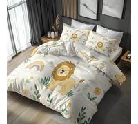 Cartoon Lion Double Duvet Cover - Wild Safari Animal Kids Bedding & Bedroom Decor, Super Soft Microfiber Quilt Cover and 2 Pillowcases, with Zip, Reversible Design habvu-37