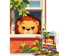 Cartoon Lion Peeking Out Window Jigsaw Puzzles for Adults 1000 Creative Think Leisurely Pursuit Tight Fit Lovely Gift (38x52cm)
