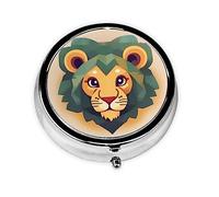 Cartoon Lion Printed Round Travel Pill Box Cute Small Metal Pocket Pill Case for Men & Women 3 Compartment Portable Pill Organizer for Purse or Pocket