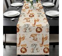 Cartoon Lions Giraffe Tiger Table Runner 13x72 Inches Long Cute Animal Leaf Musical Note Linen Cotton Linen Table Runner Burlap Style for Dinner Table Party Decor Tabletop Decorations