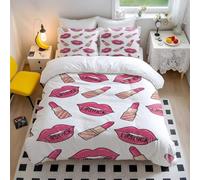 Cartoon Lipstick and Lip Print Duvet Cover Set, Cute Bedding for Bedroom with 1 Duvet Cover and 2 Pillowcases (02,Double + 80 x 80cm x2)