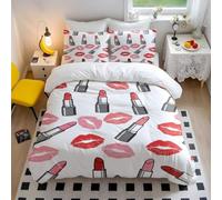Cartoon Lipstick and Lip Print Duvet Cover Set, Cute Bedding for Bedroom with 1 Duvet Cover and 2 Pillowcases (03,Single + 80 x 80cm x2)