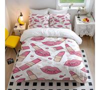 Cartoon Lipstick and Lip Print Duvet Cover Set, Cute Bedding for Bedroom with 1 Duvet Cover and 2 Pillowcases (01,Single + 50 x 75cm x2)