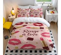Cartoon Lipstick and Lip Print Duvet Cover Set, Cute Bedding for Bedroom with 1 Duvet Cover and 2 Pillowcases (04,Double + 80 x 80cm x2)