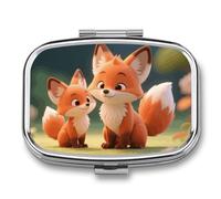 Cartoon Little Foxes Pill Box Travel Pill Organizer 2-Compartment with Mirror Design Portable Square Medicine Case for Vitamins, Jewelry & Essentials Durable Pocket Pillcase for Purse, Camping