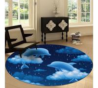 Cartoon Machine Washable Round Area Rug 100 cm, Animals Dolphin Blue Clouds Printed Circular Rug Non-slip Carpet - Soft Short Pile Carpet Floor Decorate for Living Room Bedroom Playroom