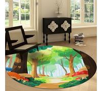 Cartoon Machine Washable Round Area Rug 150 cm, Forest Plants Mushrooms Trees Printed Circular Rug Non-slip Carpet - Soft Short Pile Carpet Floor Decorate for Living Room Bedroom Playroom