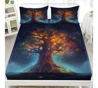 Cartoon Magic Tree Pattern Super King Fitted Bed Sheet - Hotel Luxury Breathable Fitted Sheet Deep Pocket 12 inch Blue Soft & Comfy Brushed Bed Sheet with 2 Pillowcases for Adults